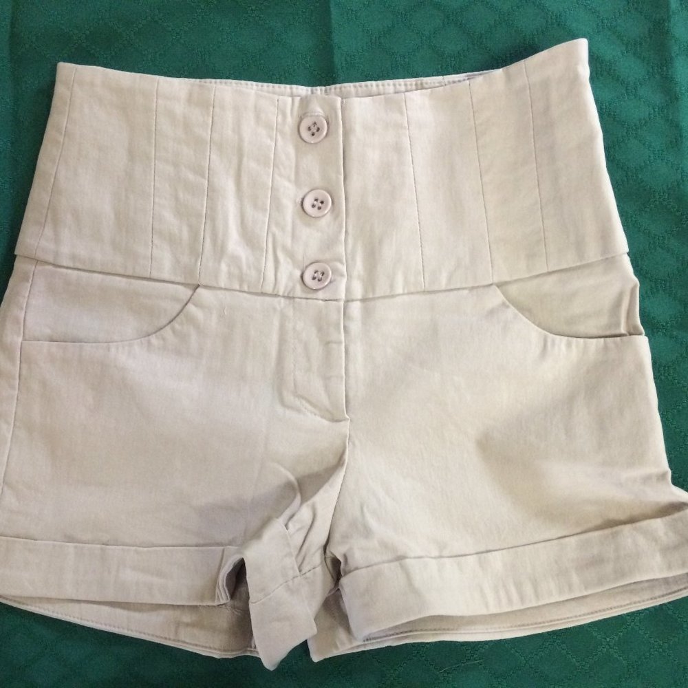 Cream Beige High-Waisted Button Front Shorts